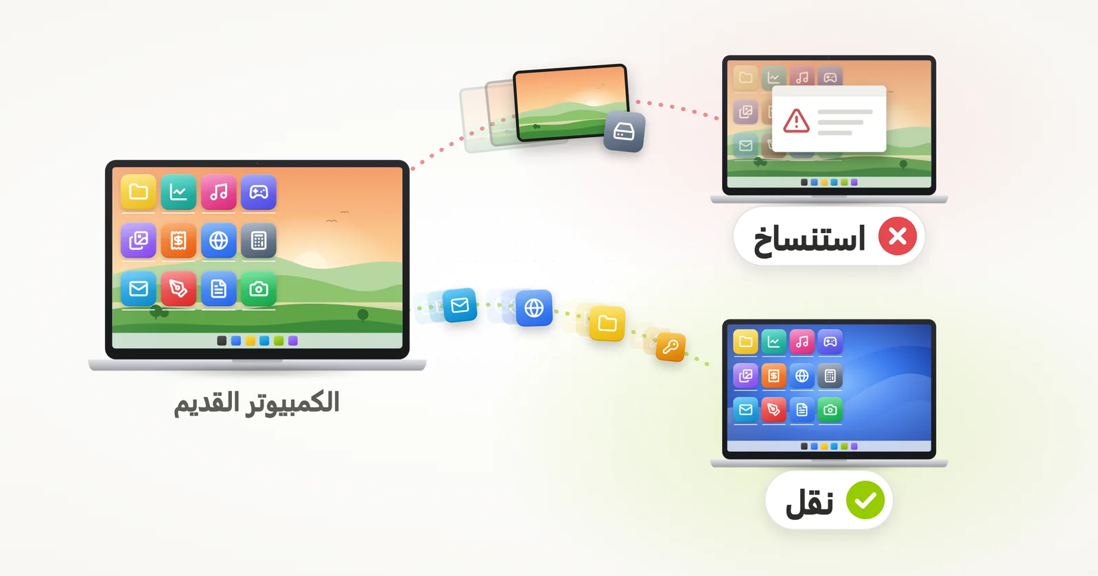 استنساخ أم نقل إلى كمبيوتر جديد: استنساخ القرص ينسخ Windows القديم فيتعطل، أما النقل فينقل تطبيقاتك إلى Windows الخاص بالكمبيوتر الجديد