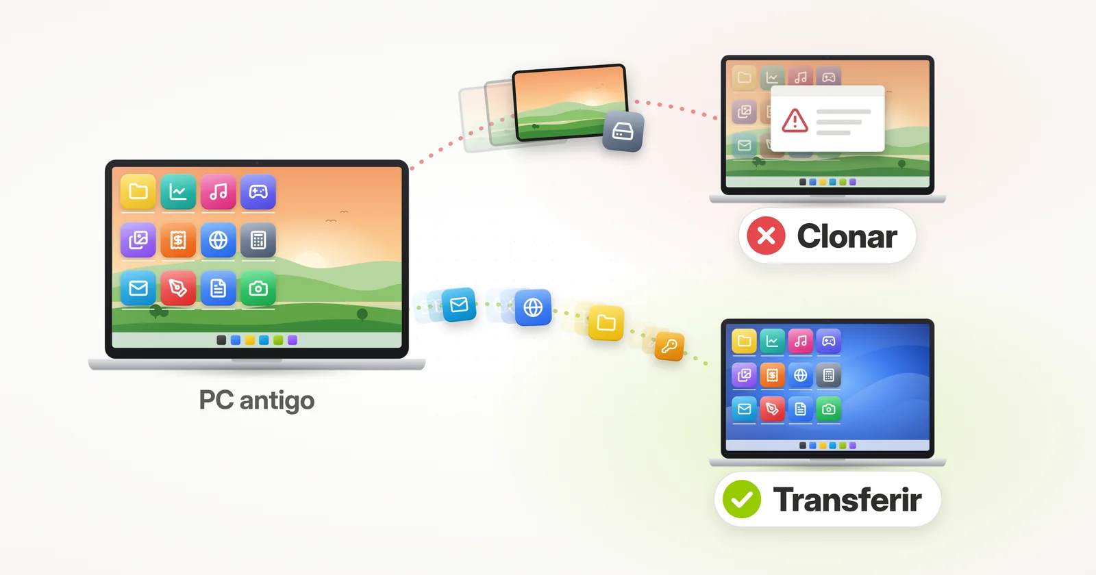 Clonar ou transferir para um PC novo: o clone do disco copia o Windows antigo e dá problema; a transferência leva seus aplicativos para o próprio Windows do computador novo
